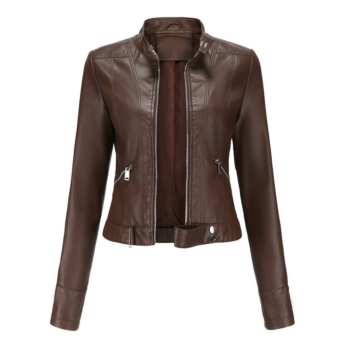 Victoria | Giacca corta da donna in ecopelle con collo alto, stile moto