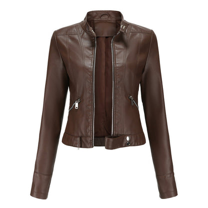 Victoria | Giacca corta da donna in ecopelle con collo alto, stile moto