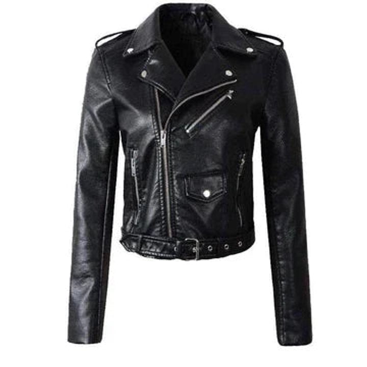 Aria | Giacca da donna corta in ecopelle stile moto con cintura, modello biker