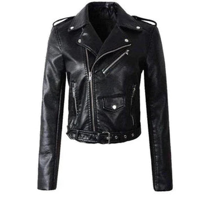 Aria | Giacca da donna corta in ecopelle stile moto con cintura, modello biker