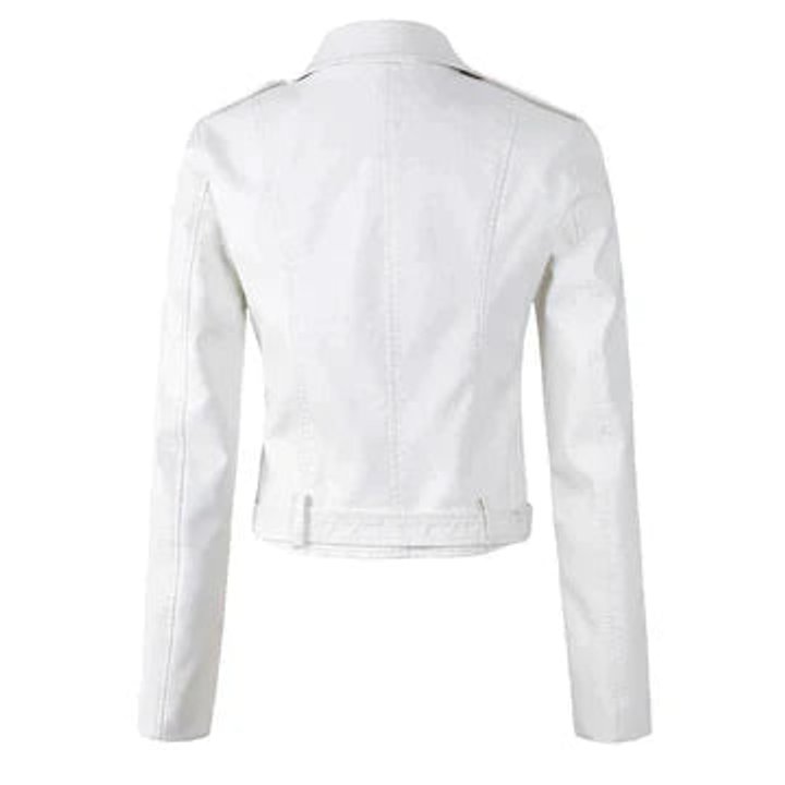 Aria | Giacca da donna corta in ecopelle stile moto con cintura, modello biker
