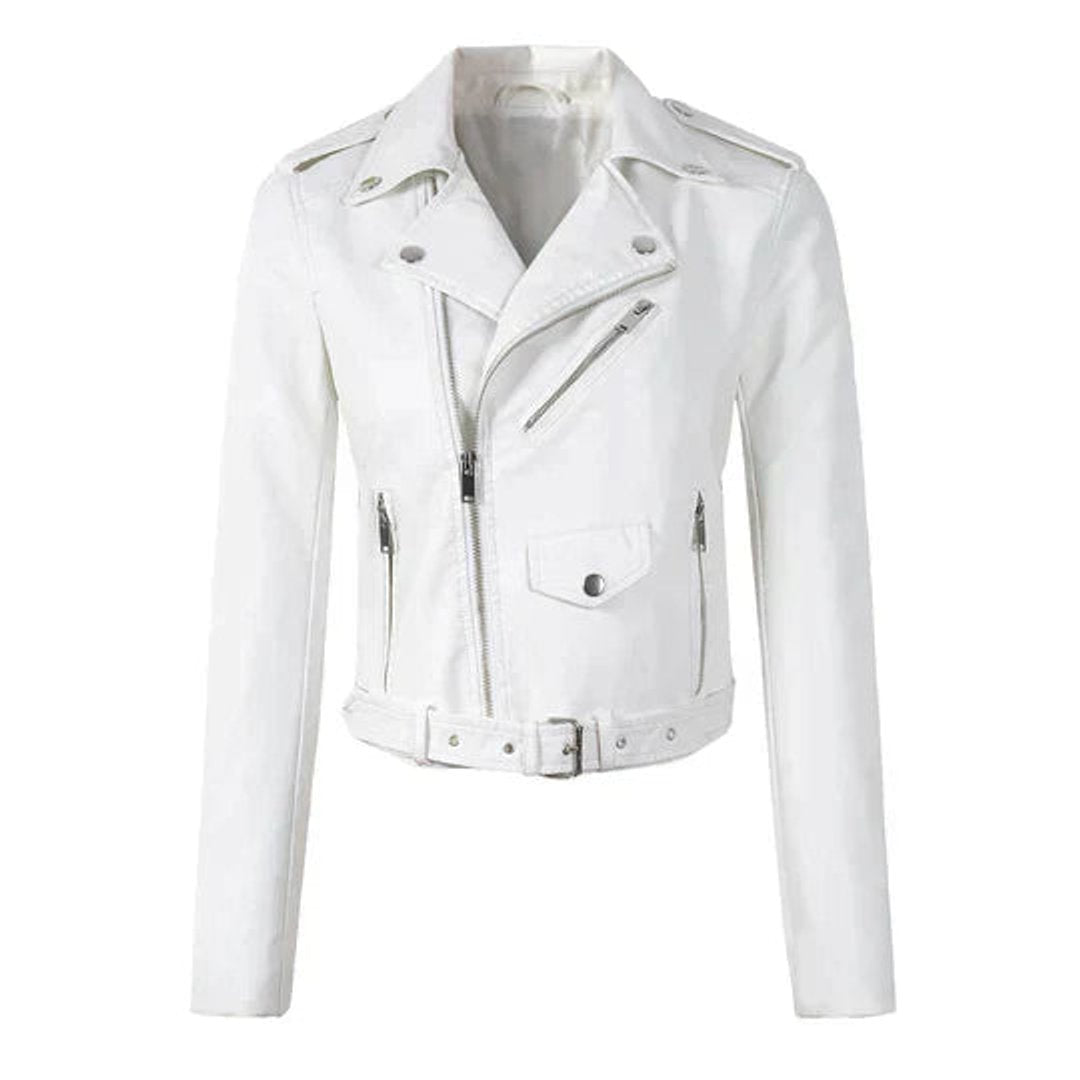 Aria | Giacca da donna corta in ecopelle stile moto con cintura, modello biker