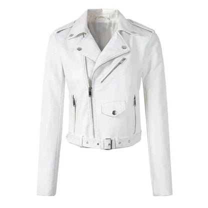 Aria | Giacca da donna corta in ecopelle stile moto con cintura, modello biker