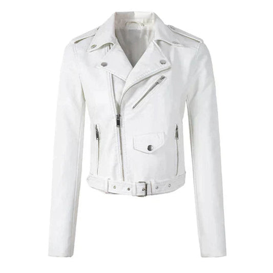 Aria | Giacca da donna corta in ecopelle stile moto con cintura, modello biker