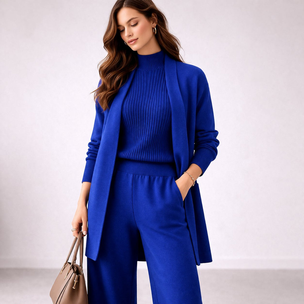 Emma | Elegante completo da casa in maglia a tre pezzi da donna: abito da sera e cardigan