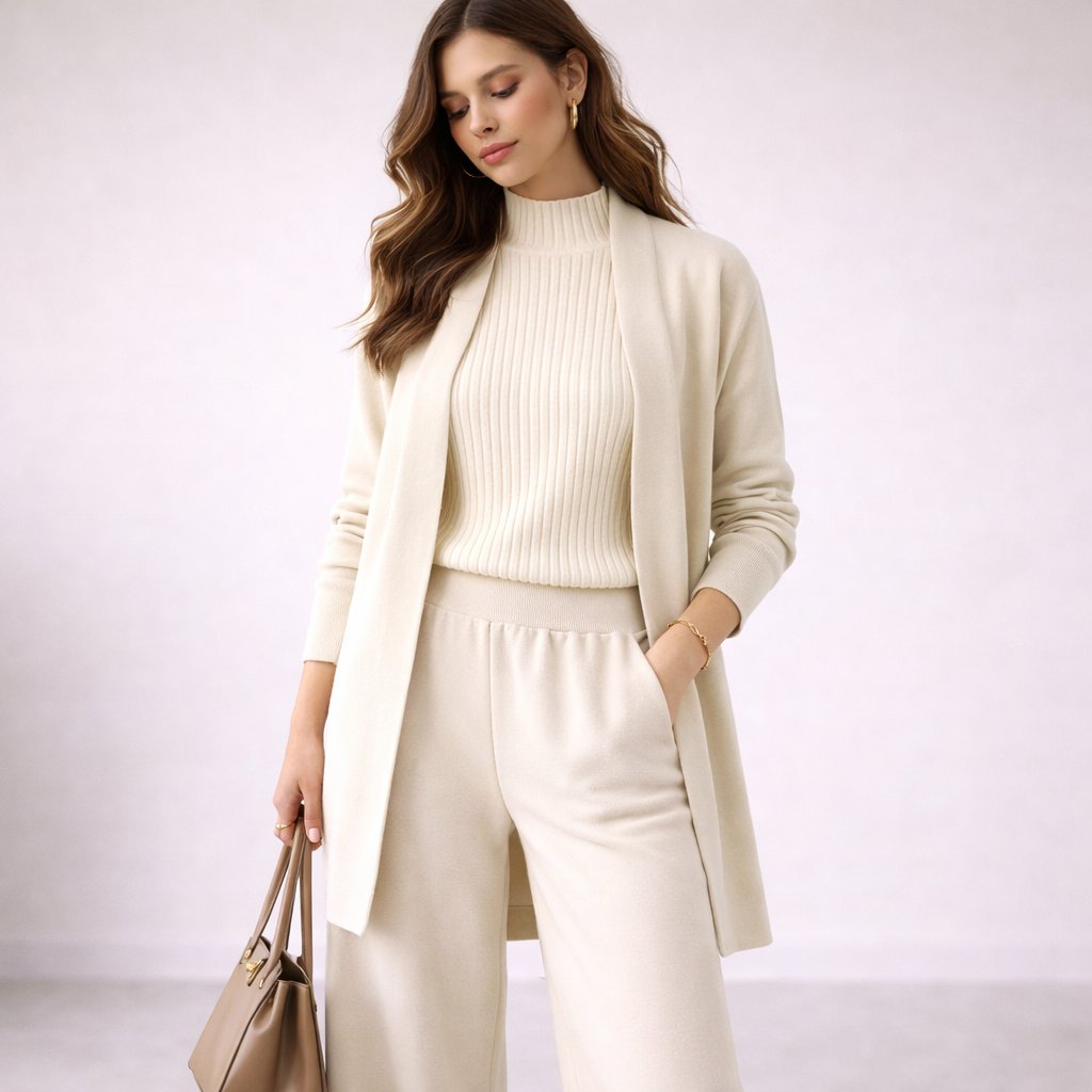 Emma | Elegante completo da casa in maglia a tre pezzi da donna: abito da sera e cardigan