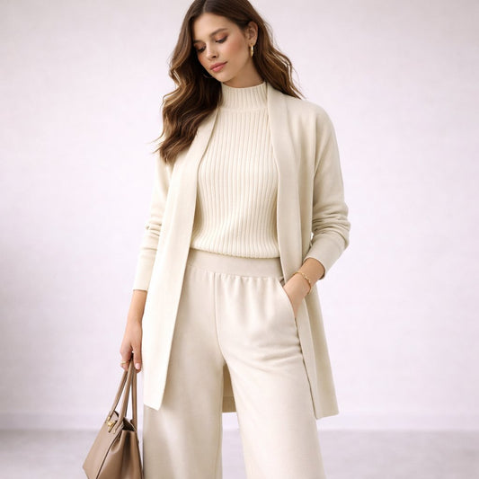 Emma | Elegante completo da casa in maglia a tre pezzi da donna: abito da sera e cardigan