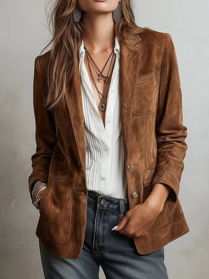 Aria | Cardigan-blazer da donna in finta pelle scamosciata, dal taglio sartoriale, monopetto
