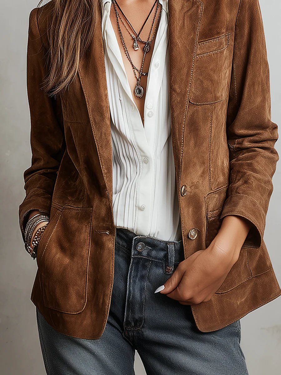 Aria | Cardigan-blazer da donna in finta pelle scamosciata, dal taglio sartoriale, monopetto