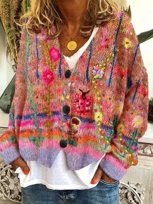 Olivia | Cardigan da donna in maglia con ricami floreali e chiusura frontale con bottoni