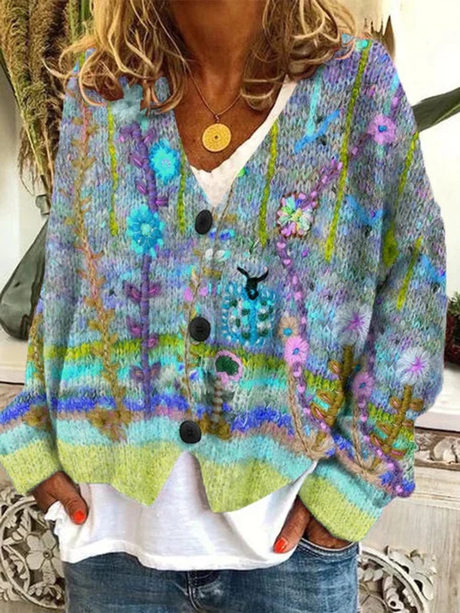 Olivia | Cardigan da donna in maglia con ricami floreali e chiusura frontale con bottoni
