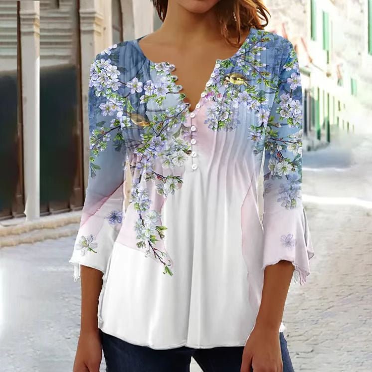Amelia | Camicetta Henley da donna a maniche lunghe con motivo floreale e vestibilità comoda