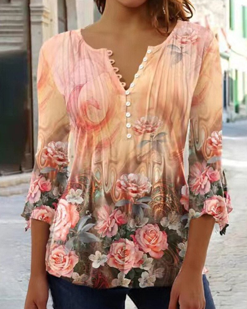 Amelia | Camicetta Henley da donna a maniche lunghe con motivo floreale e vestibilità comoda