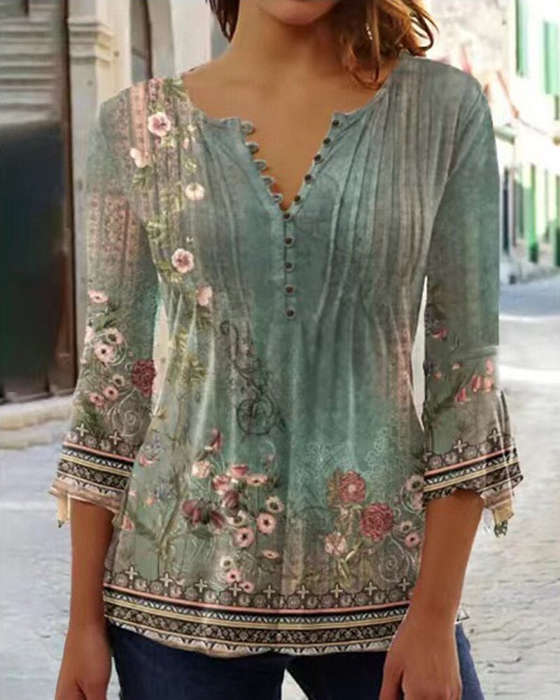 Amelia | Camicetta Henley da donna a maniche lunghe con motivo floreale e vestibilità comoda