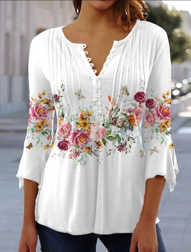 Amelia | Camicetta Henley da donna a maniche lunghe con motivo floreale e vestibilità comoda