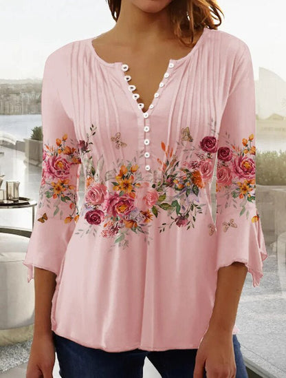Amelia | Camicetta Henley da donna a maniche lunghe con motivo floreale e vestibilità comoda