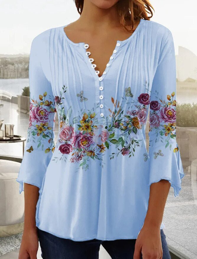 Amelia | Camicetta Henley da donna a maniche lunghe con motivo floreale e vestibilità comoda