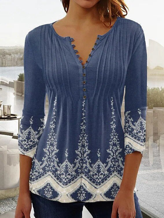 Amelia | Camicetta Henley da donna a maniche lunghe con motivo floreale e vestibilità comoda