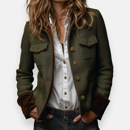 Victoria | Giacca da donna in tweed a spina di pesce in stile militare con bottoni dorati