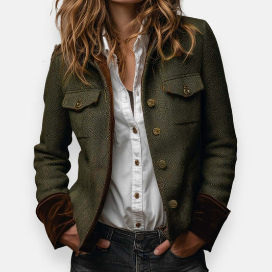 Victoria | Giacca da donna in tweed a spina di pesce in stile militare con bottoni dorati
