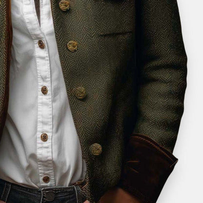 Victoria | Giacca da donna in tweed a spina di pesce in stile militare con bottoni dorati