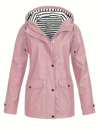 Eleanor | Cappotto impermeabile da donna con cappuccio, fodera a righe e chiusura con cerniera