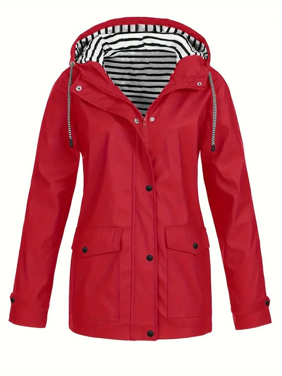 Eleanor | Cappotto impermeabile da donna con cappuccio, fodera a righe e chiusura con cerniera