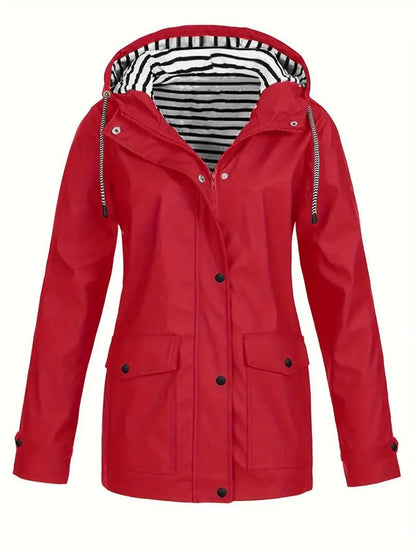 Eleanor | Cappotto impermeabile da donna con cappuccio, fodera a righe e chiusura con cerniera