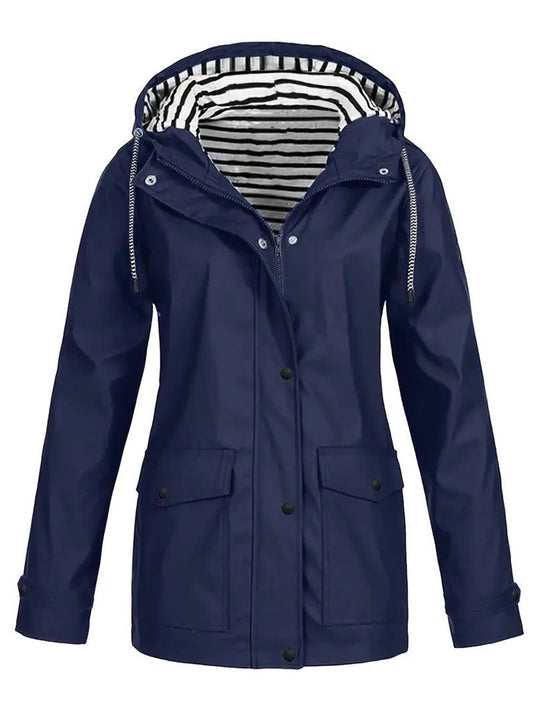 Eleanor | Cappotto impermeabile da donna con cappuccio, fodera a righe e chiusura con cerniera