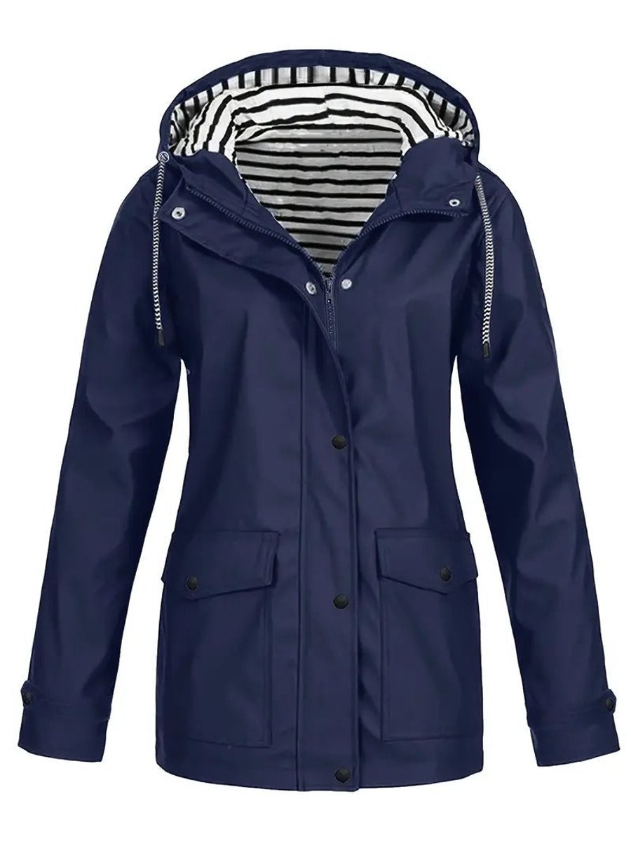 Eleanor | Cappotto impermeabile da donna con cappuccio, fodera a righe e chiusura con cerniera