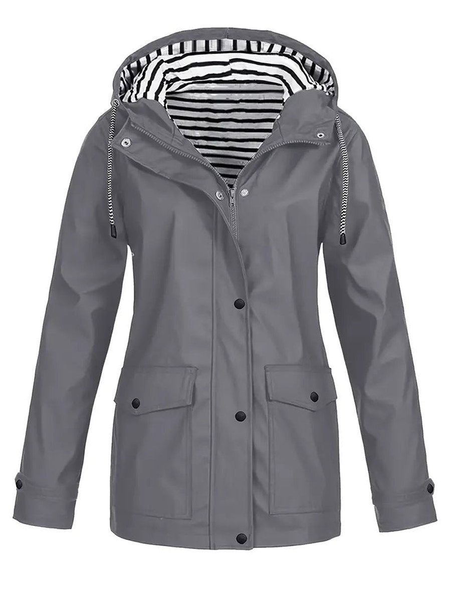 Eleanor | Cappotto impermeabile da donna con cappuccio, fodera a righe e chiusura con cerniera