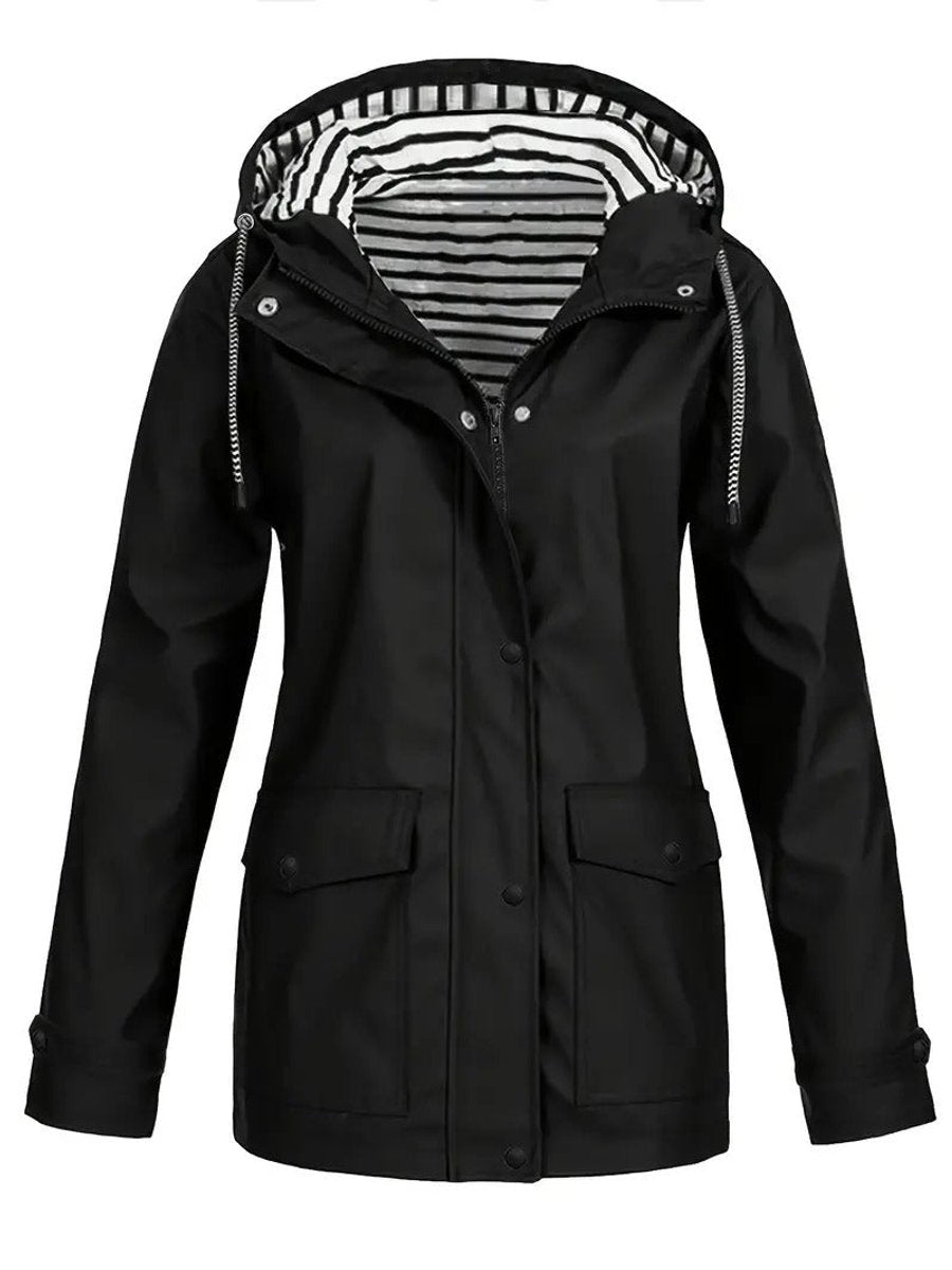 Eleanor | Cappotto impermeabile da donna con cappuccio, fodera a righe e chiusura con cerniera
