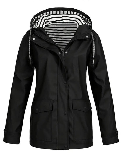 Eleanor | Cappotto impermeabile da donna con cappuccio, fodera a righe e chiusura con cerniera