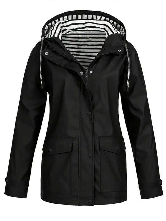 Eleanor | Cappotto impermeabile da donna con cappuccio, fodera a righe e chiusura con cerniera
