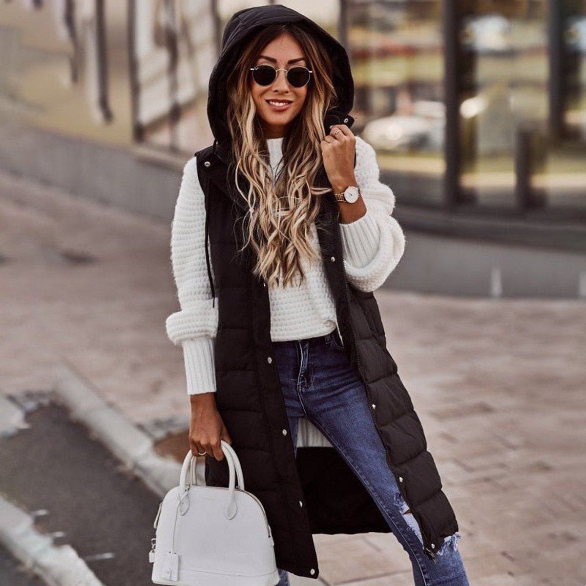 Emma | Gilet imbottito trapuntato con cappuccio, senza maniche, da donna, per l'inverno