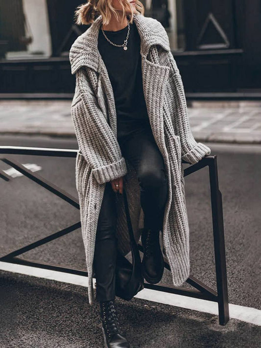 Mia | Cardigan da donna oversize a maglia a coste spesse, lungo e con revers