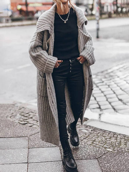 Mia | Cardigan da donna oversize a maglia a coste spesse, lungo e con revers
