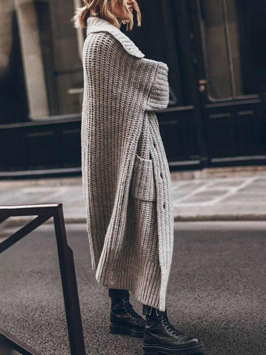 Mia | Cardigan da donna oversize a maglia a coste spesse, lungo e con revers