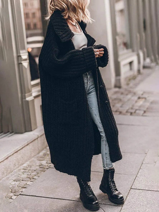 Mia | Cardigan da donna oversize a maglia a coste spesse, lungo e con revers