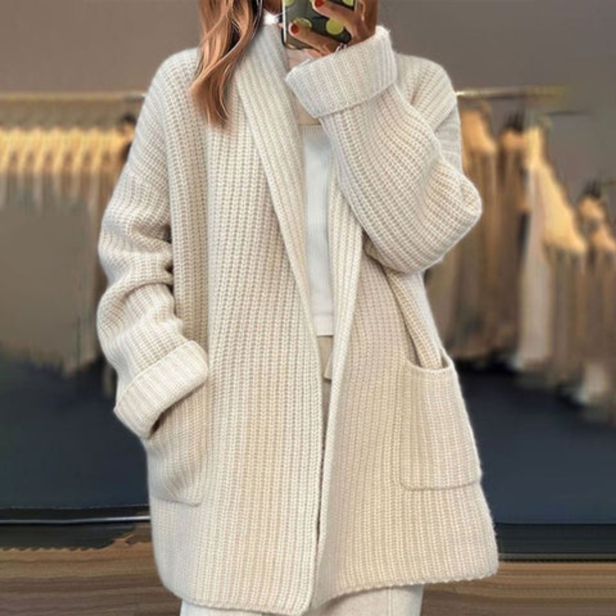 Evelyn | Cardigan da donna oversize in maglia con apertura frontale e collo a sciarpa