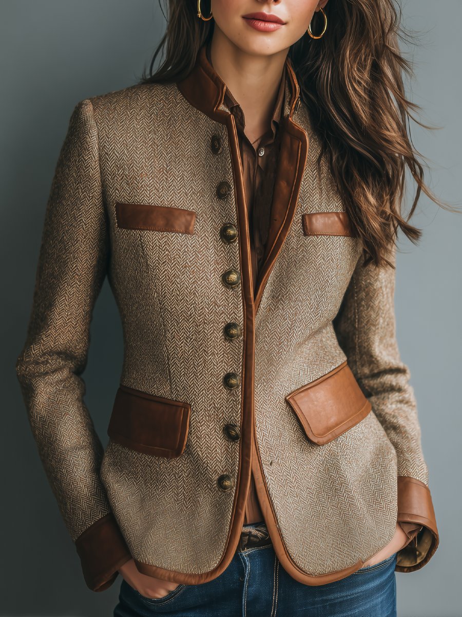 Sophia | Giacca da donna vintage in tweed a spina di pesce con rifiniture in pelle e chiusura frontale con bottoni