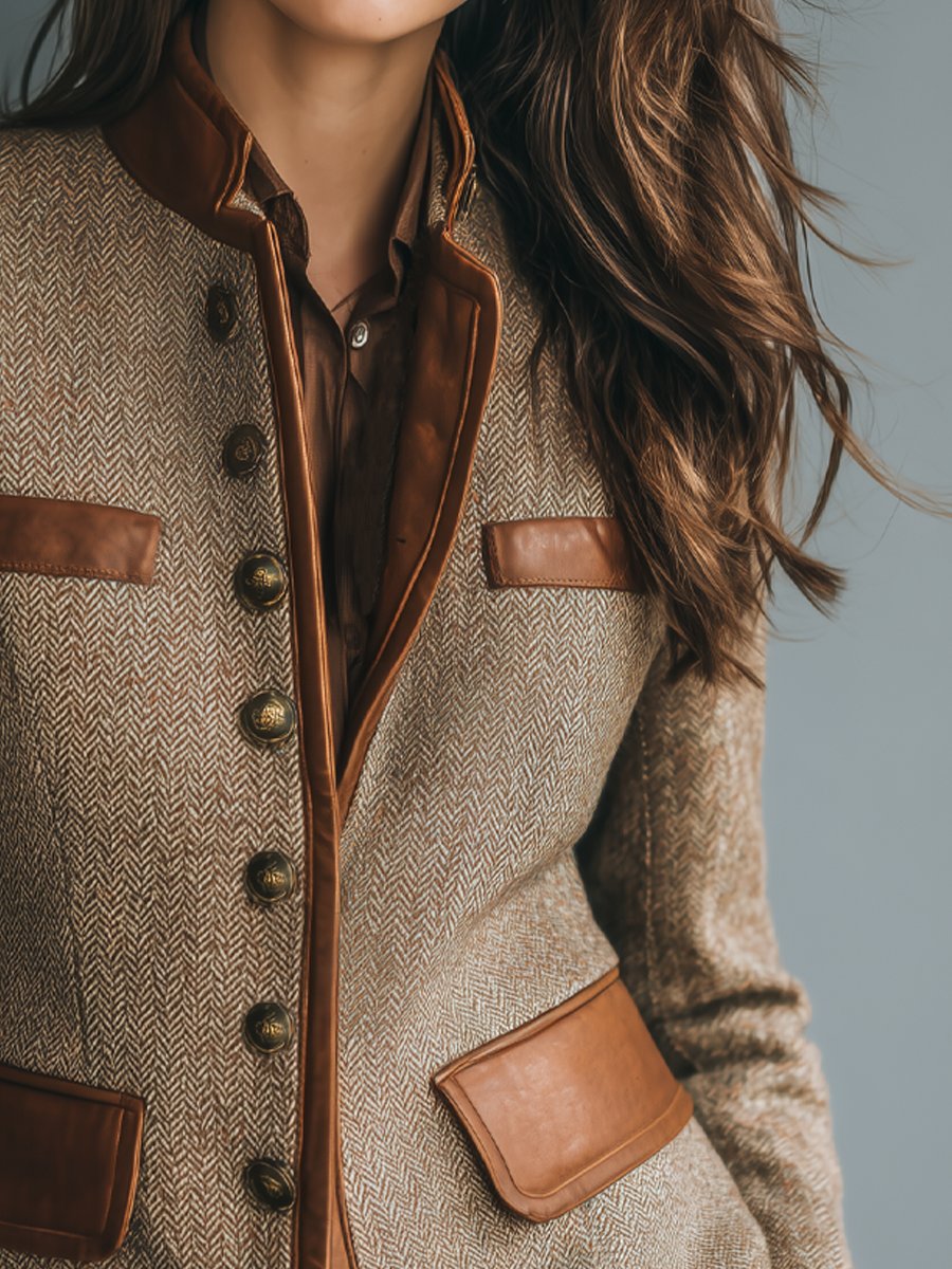 Sophia | Giacca da donna vintage in tweed a spina di pesce con rifiniture in pelle e chiusura frontale con bottoni