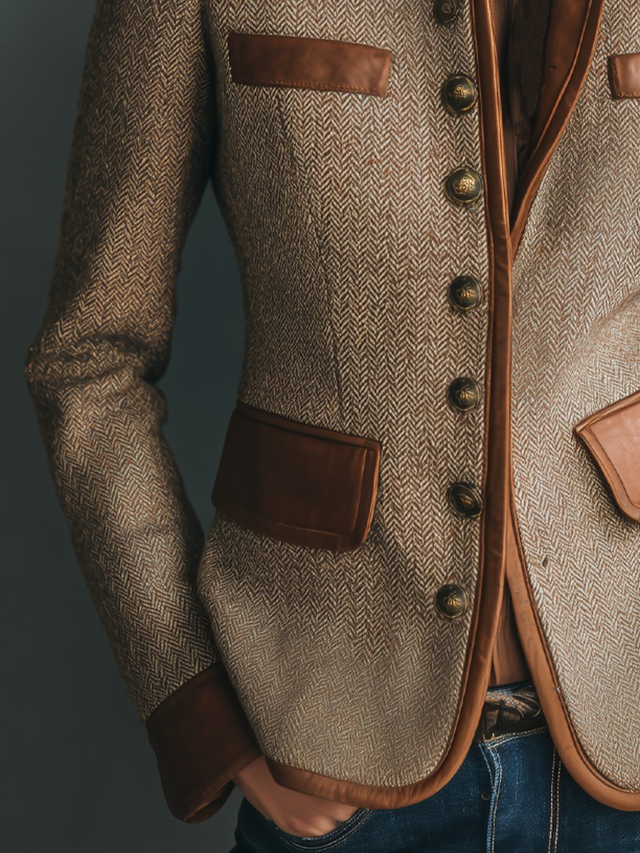 Sophia | Giacca da donna vintage in tweed a spina di pesce con rifiniture in pelle e chiusura frontale con bottoni
